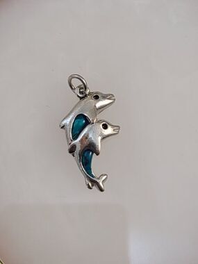 Silver Tone Dolphin Pendant Blue Enamel Double Dolphin Ocean Charm